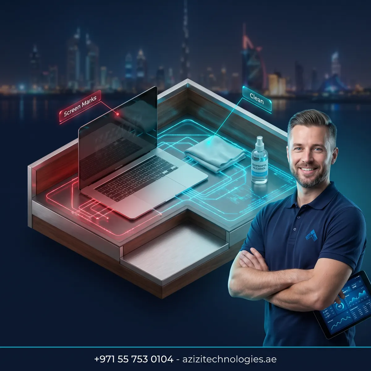 Isometric cutaway of a MacBook display marked by keyboard imprints beside cleaning materials at an Azizi Technologies Dubai workshop