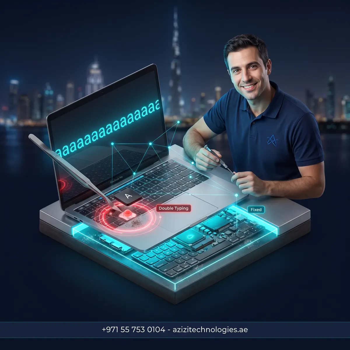 Isometric cutaway of a MacBook keyboard on an Azizi Technologies Dubai workbench, one keycap lifted to show dust under the dome switch causing double typing