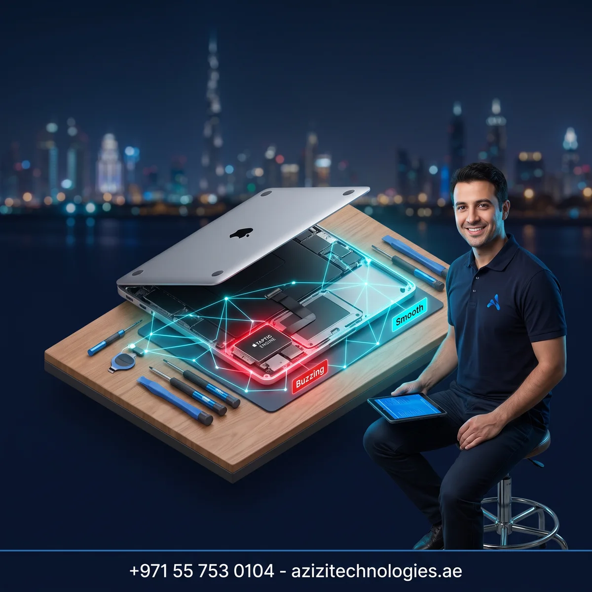 Isometric cutaway of a MacBook Air opened to expose the Taptic Engine and trackpad connector during repair at Azizi Technologies Dubai