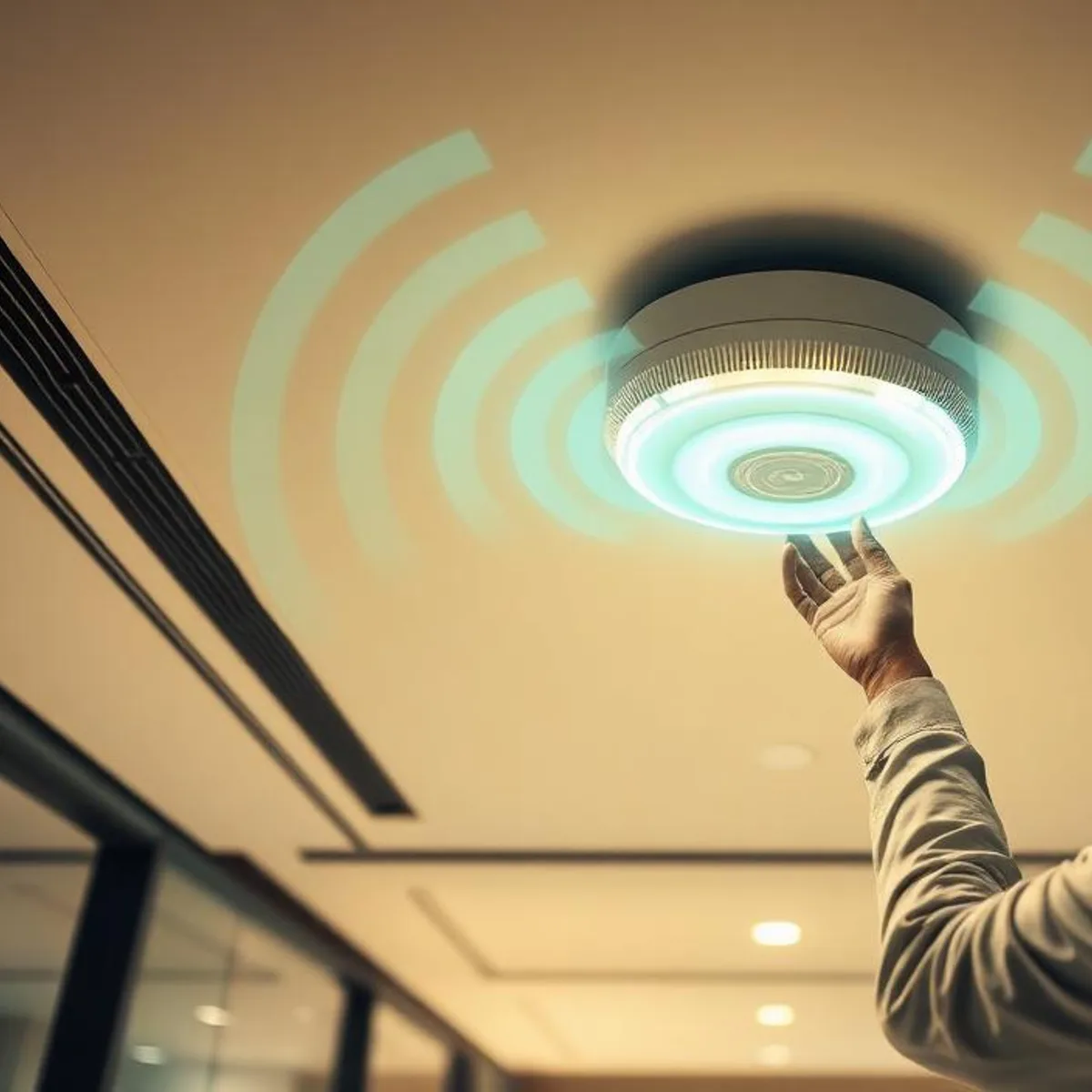 Engineer reaching up to a ceiling-mounted wireless access point in a Dubai office during a wireless network installation by Azizi Technologies