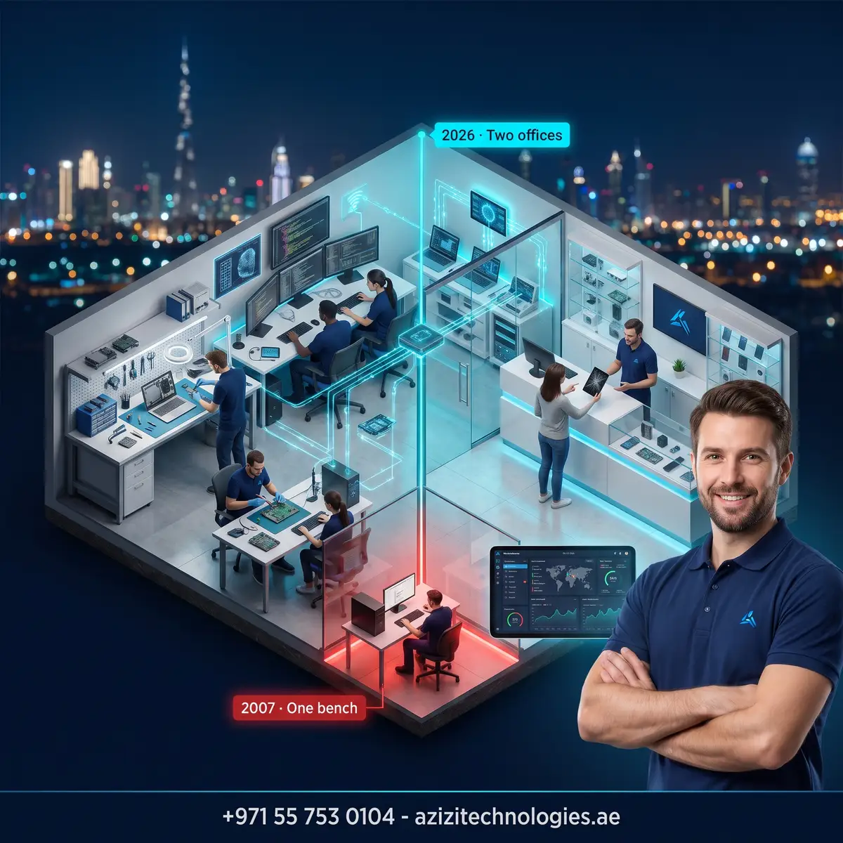 Isometric cutaway of both Azizi Technologies workshops in Dubai, Concord Tower and the Bur Dubai IT Center, with a timeline from the 2007 founding to today