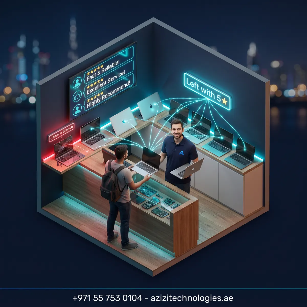Isometric cutaway of the Azizi Technologies workshop counter in Dubai with customers collecting repaired laptops under a wall of five-star Google reviews