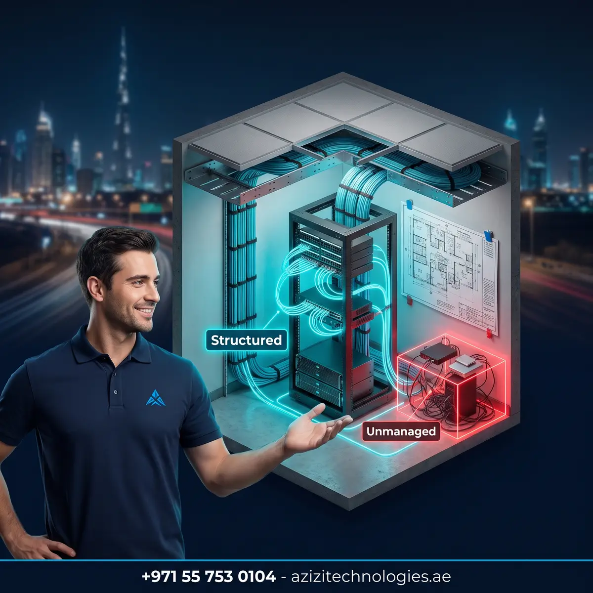 Isometric cutaway of a Dubai office network build by Azizi Technologies, rack and patch panel mid fit-out with cable trays above