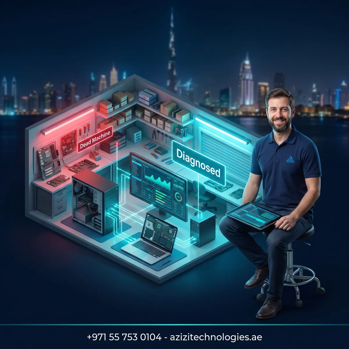 Isometric cutaway of the Azizi Technologies computer repair workshop in Dubai, desktop and laptop open on the bench with diagnostics running