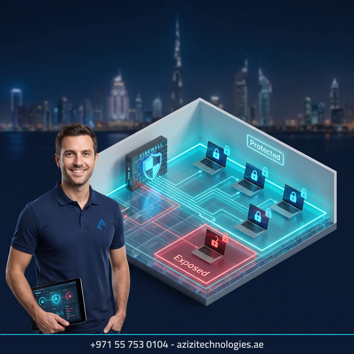 Isometric cutaway of a Dubai SME network secured by Azizi Technologies, firewall at the perimeter and one machine quarantined