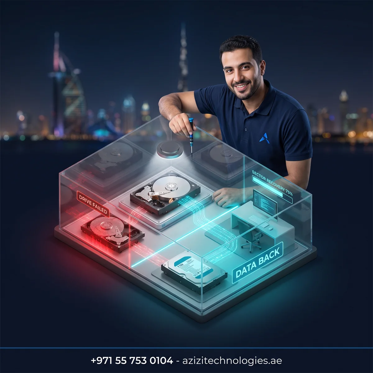 Isometric cutaway of the Azizi Technologies data recovery lab in Dubai, opened hard drive under a dust hood with recovery in progress