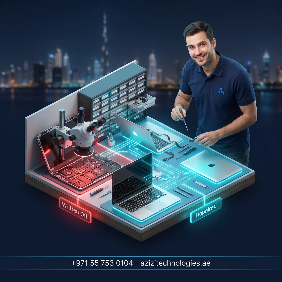 Isometric cutaway of the Azizi Technologies MacBook repair bench in Dubai, machines at three stages from board-level work to finished