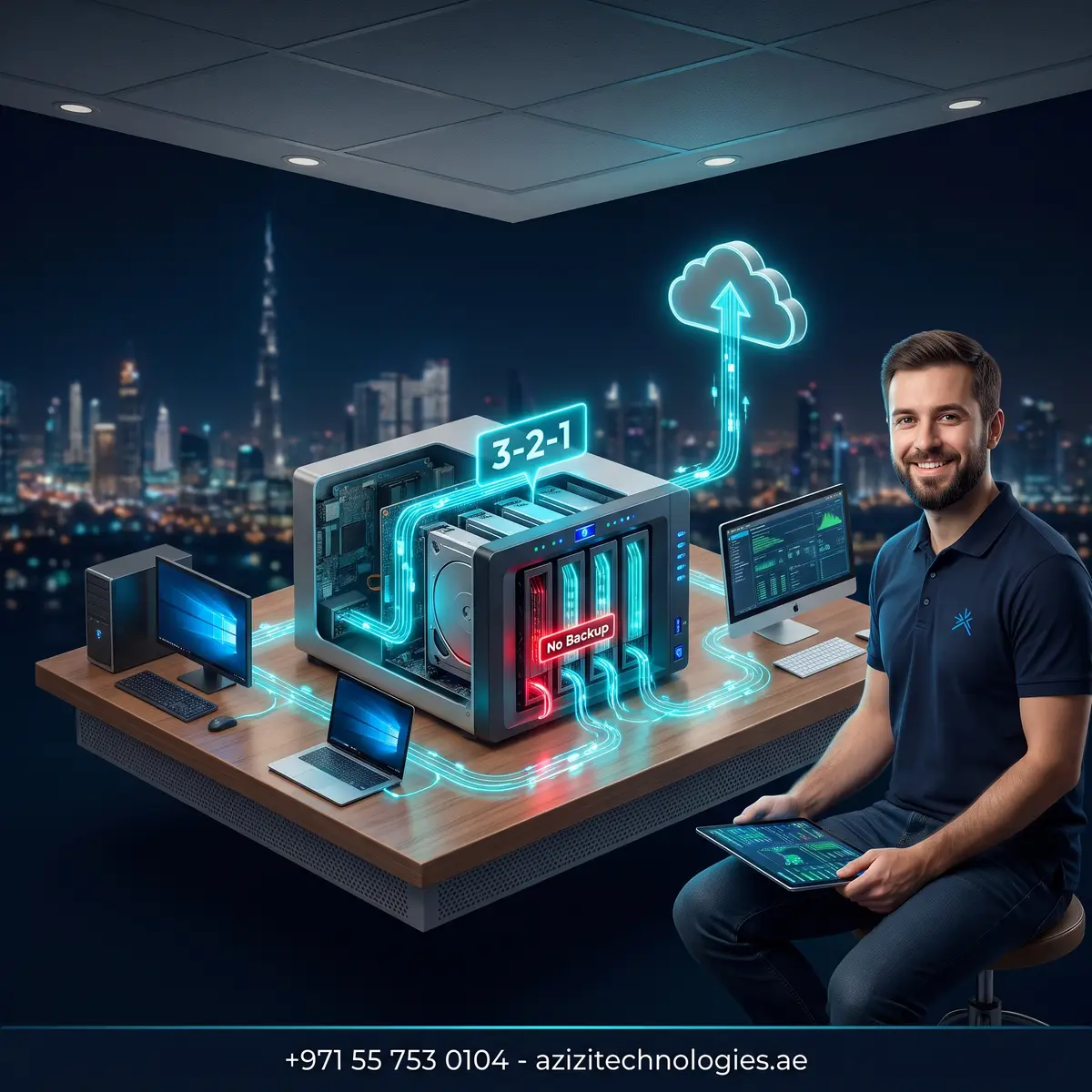 Isometric cutaway of a Synology NAS backup deployment by Azizi Technologies in Dubai, workstations backing up with an off-site copy leaving