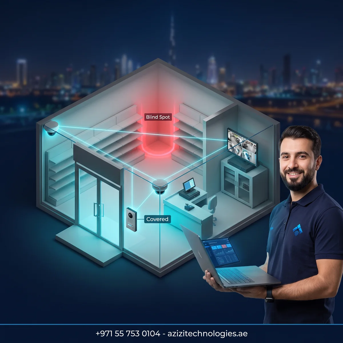Isometric cutaway of a Dubai shop fitted with SIRA-compliant CCTV by Azizi Technologies, camera grid live on the recorder