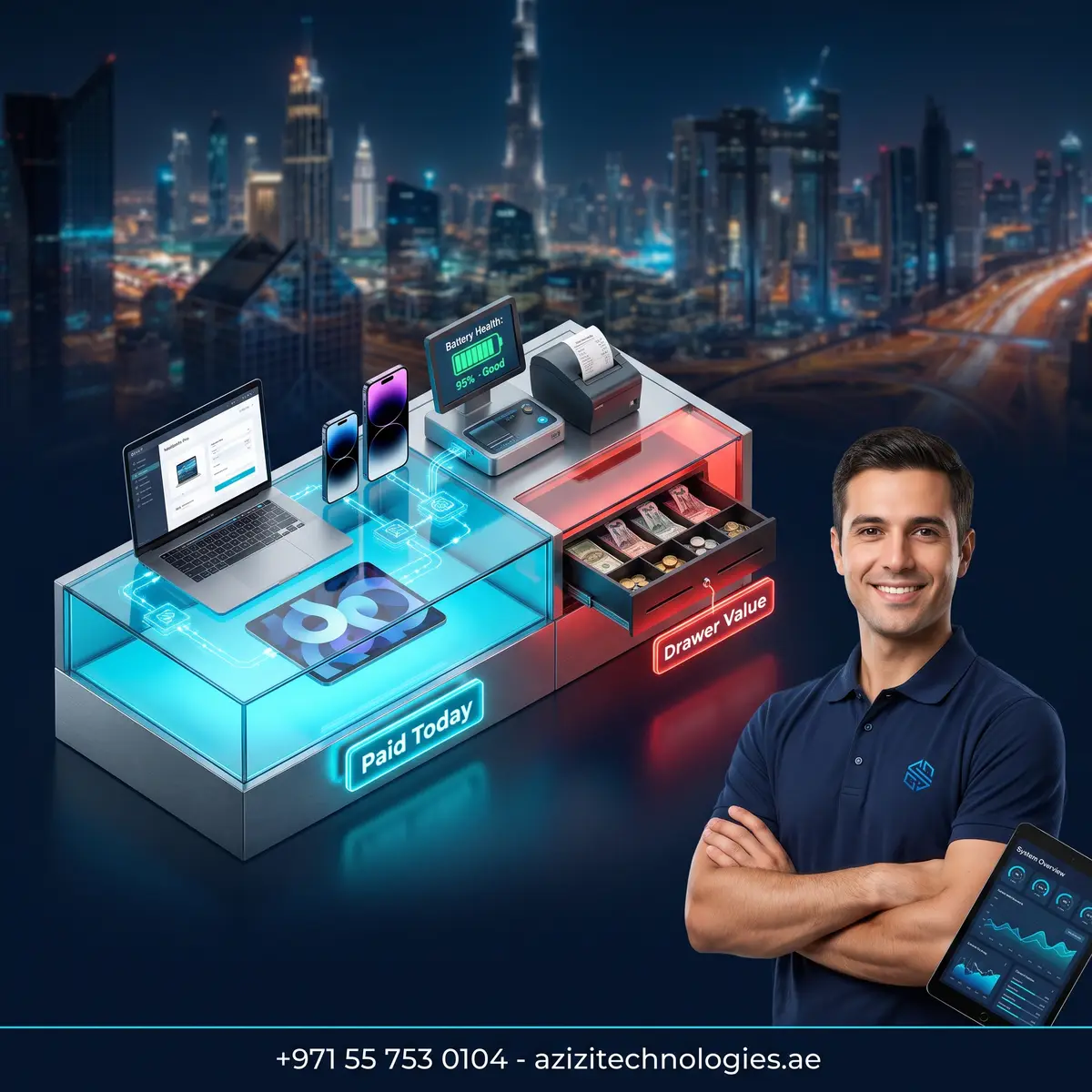 Isometric cutaway of the Azizi Technologies Apple device buyback counter in Dubai, devices under valuation with same-day payment