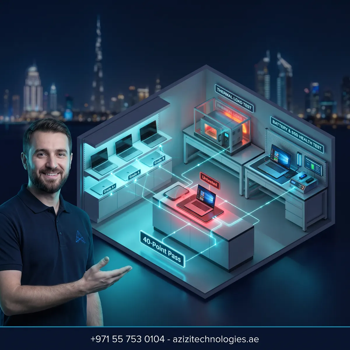Isometric cutaway of the Azizi Technologies refurbishment line in Dubai, laptops tested and graded before reaching the showroom shelf