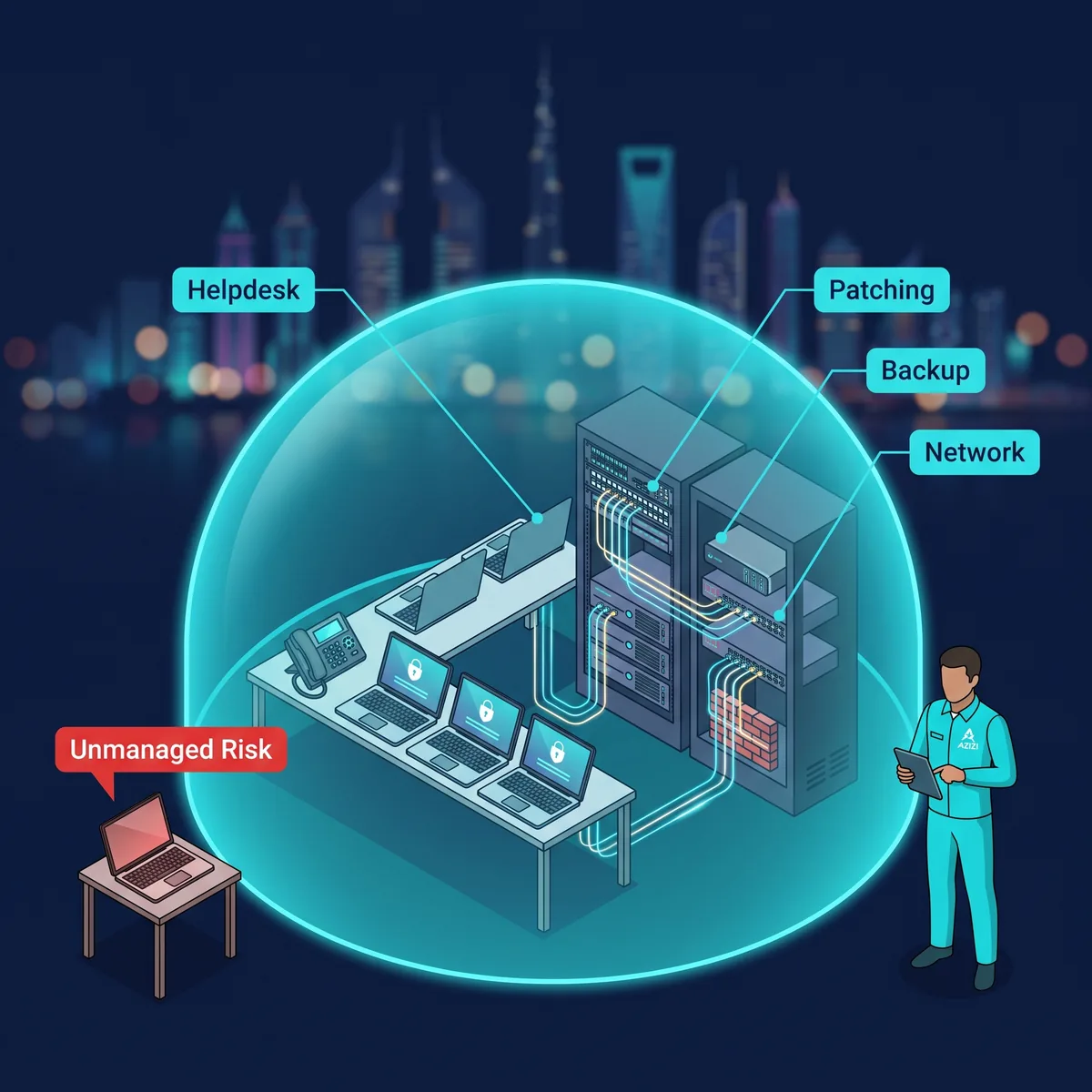 Azizi Technologies IT annual maintenance contract cover in Dubai: an office rack and managed laptops inside a protective shield with helpdesk, patching, backup and network monitoring