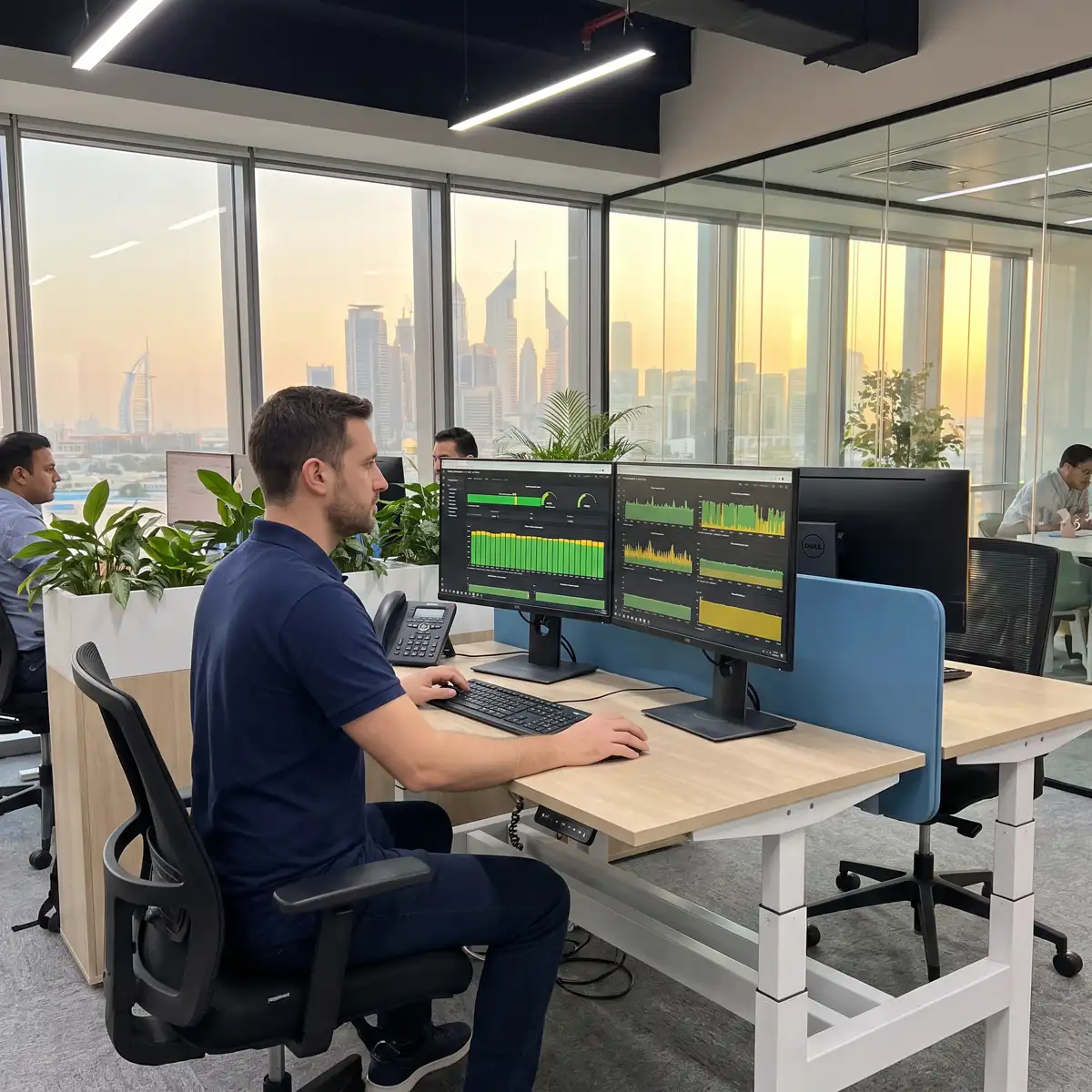 Azizi Technologies engineer monitoring a green systems health dashboard on dual screens in a Dubai office, with the Dubai skyline at golden hour behind