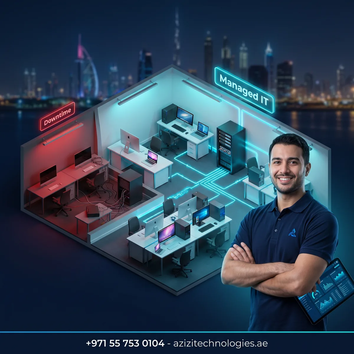 Azizi Technologies engineer supporting a mixed Mac and PC creative agency fleet at Concord Tower, Dubai Media City