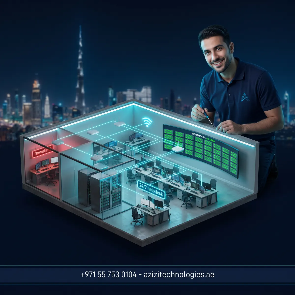 Isometric cutaway of a Dubai office under Azizi Technologies IT support, helpdesk desks, server rack and a monitoring wall showing every device online