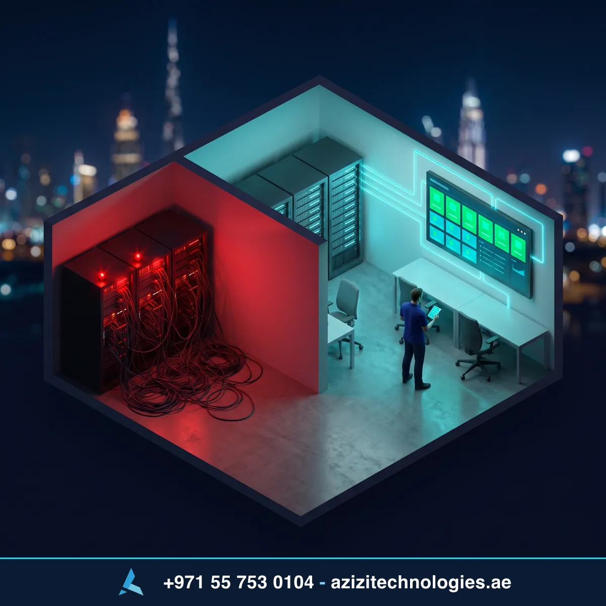 Azizi Technologies engineer monitoring a Dubai client estate, an unattended failing server on one side and a monitored rack with green status tiles on the other