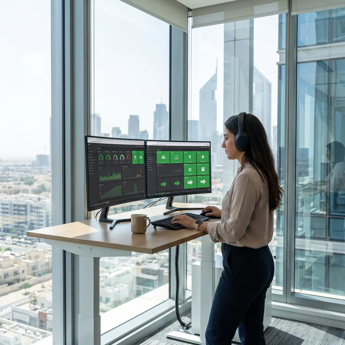 Managed IT dashboards under live monitoring in a Dubai tower office, city skyline beyond