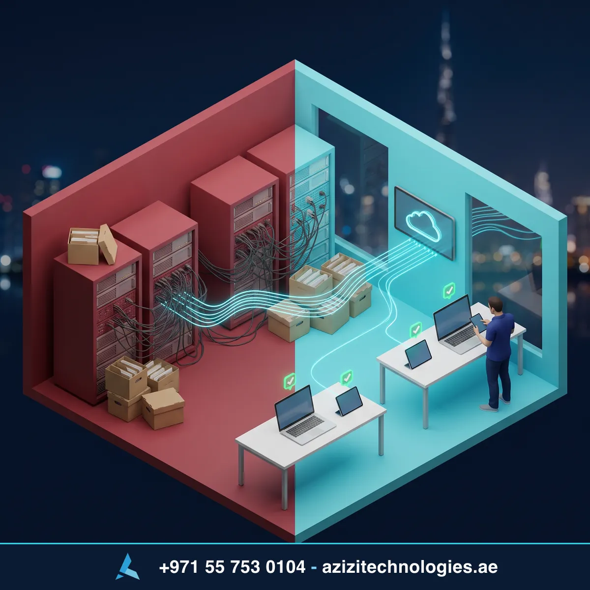 Azizi Technologies migrating a Dubai business to Microsoft 365, old mail servers on one side and synced cloud laptops on the other