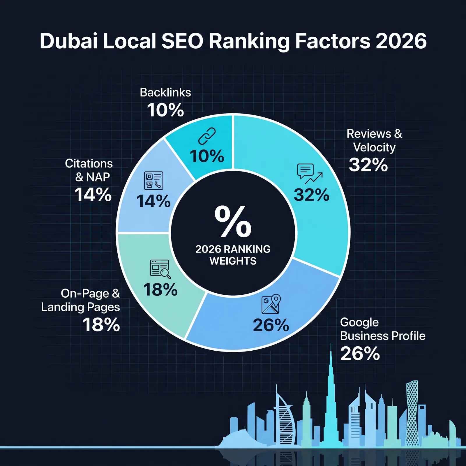 Donut chart of Dubai Local SEO ranking factors 2026 - reviews and velocity 32%, Google Business Profile 26%, on-page and landing pages 18%, citations and NAP 14%, backlinks 10%