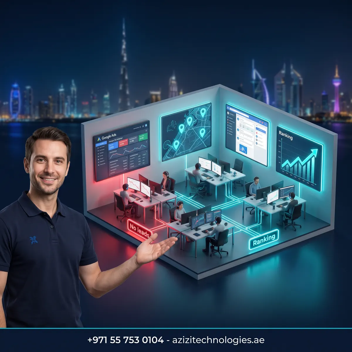 Isometric cutaway of the Azizi Technologies digital marketing floor in Dubai Media City with Google Ads, map pack and ranking dashboards on the walls