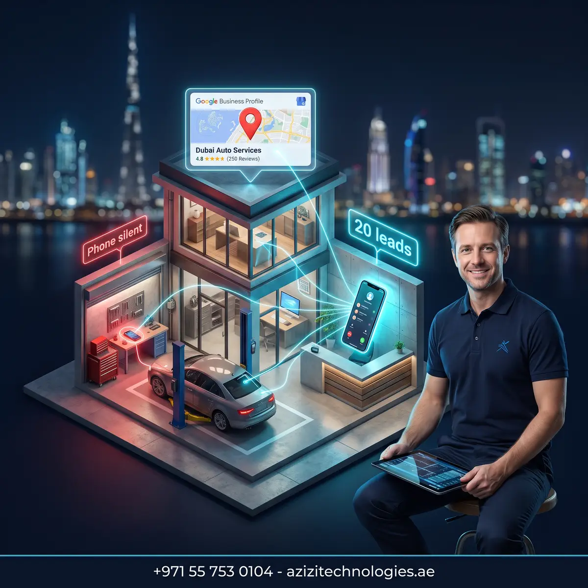 Isometric cutaway of a Dubai garage running the Azizi Technologies Lead Engine, phone lighting up with calls under a Google Business Profile panel and map pin
