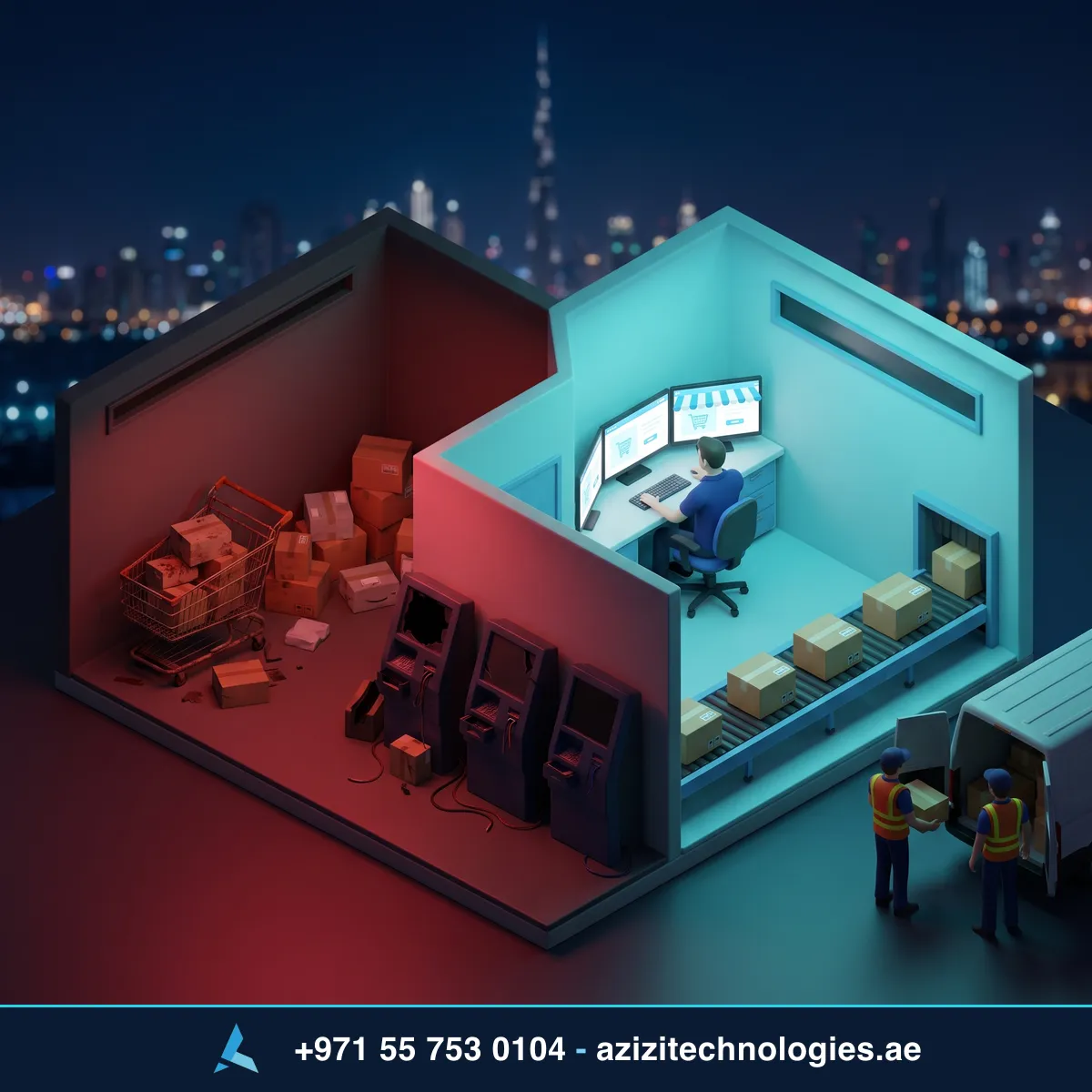 Azizi Technologies Shopify build for a UAE store, abandoned carts and failed payments on one side and a working storefront with shipped orders on the other