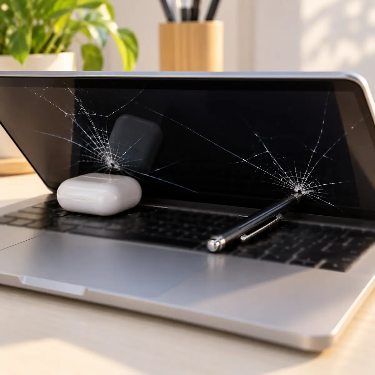 MacBook screen cracked where earbuds and a pen left on the keyboard pressed into it