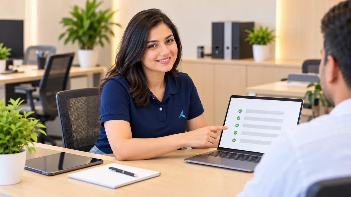 An Azizi team member helping a small-business owner with a simple IT checklist on a laptop, the mission of making IT simple