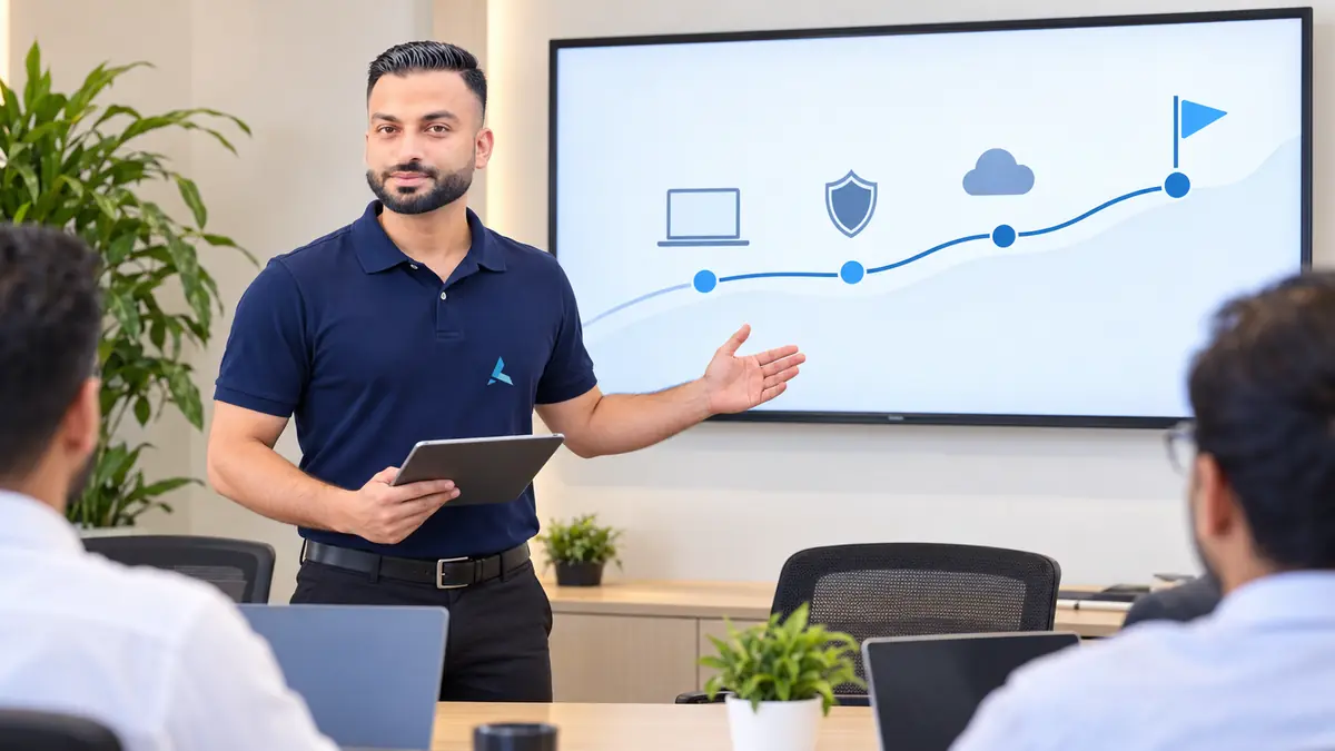Aziz presenting a roadmap on a wall screen with laptop, shield, cloud and flag milestones to colleagues, the company vision