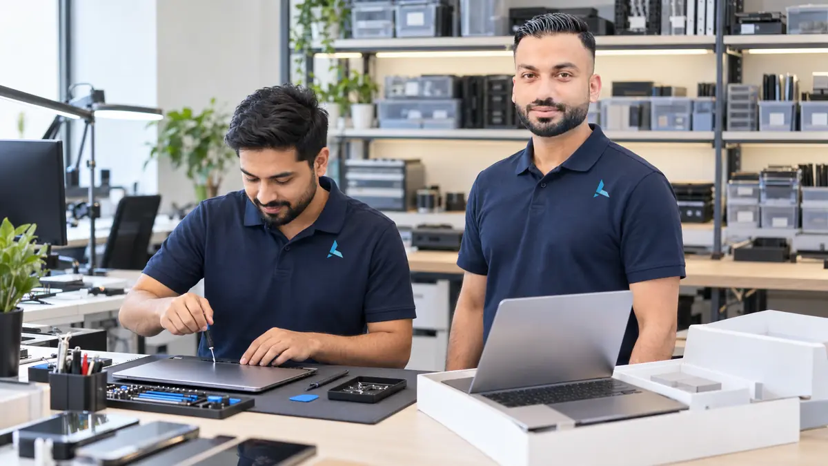 Aziz with a colleague setting up a new laptop on the repair bench, keeping skills current with each new release