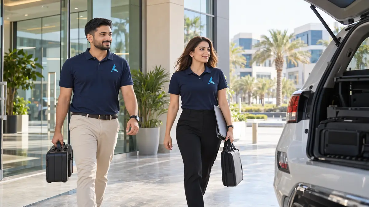 Two Azizi engineers leaving the Dubai Media City office with a tool case and laptop bag for an on-site visit