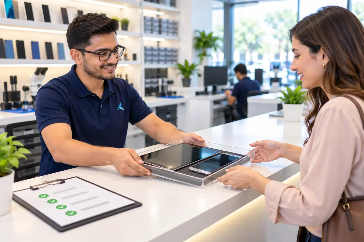 A technician handing back a repaired tablet and phone across the walk-in counter