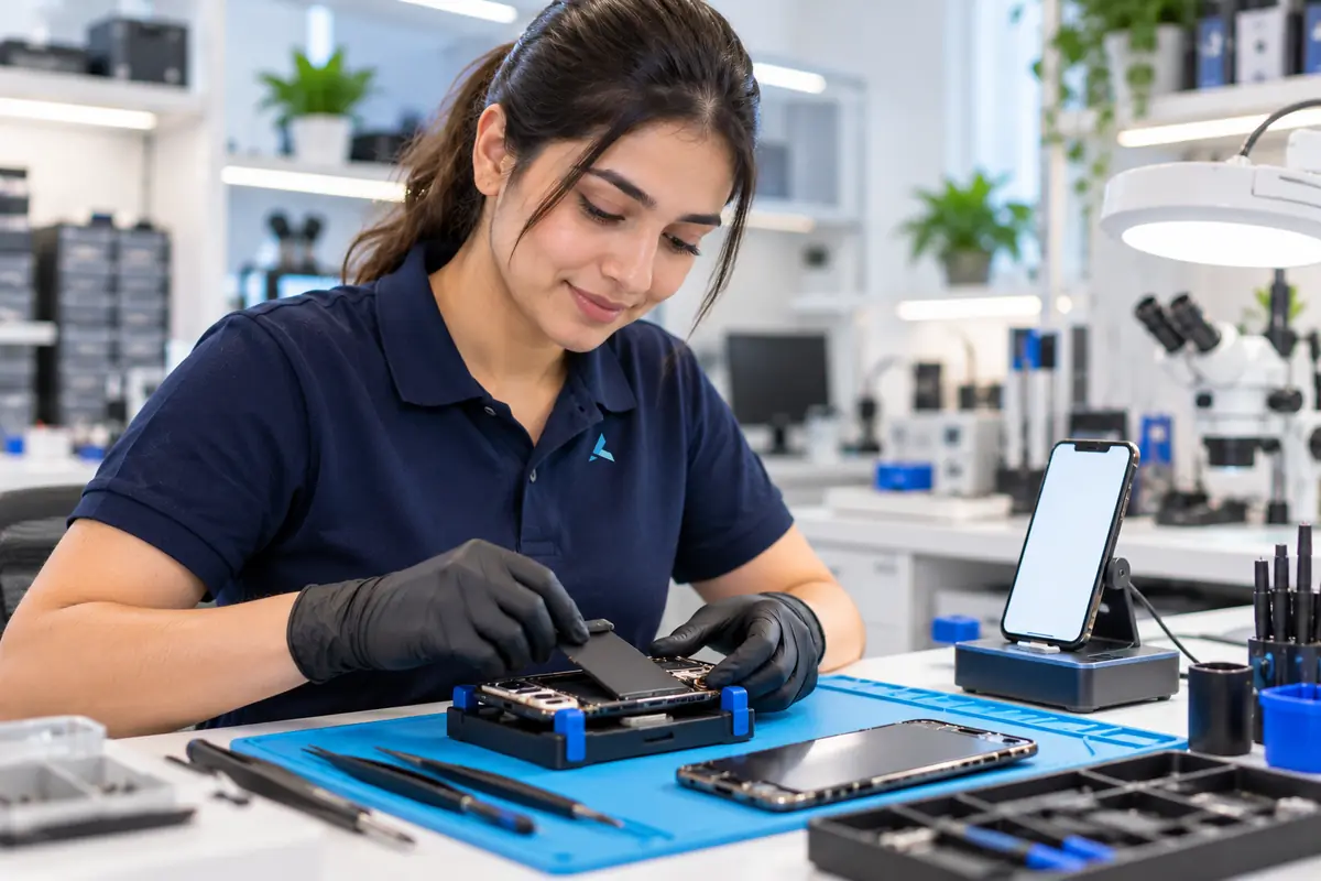 A technician pressing a new battery into an opened smartphone while a replacement screen is tested beside it