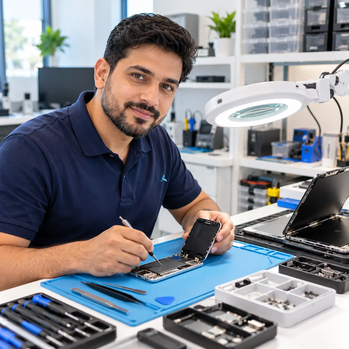 An Azizi technician fitting a new screen to a smartphone at the repair bench, with an opened tablet beside him