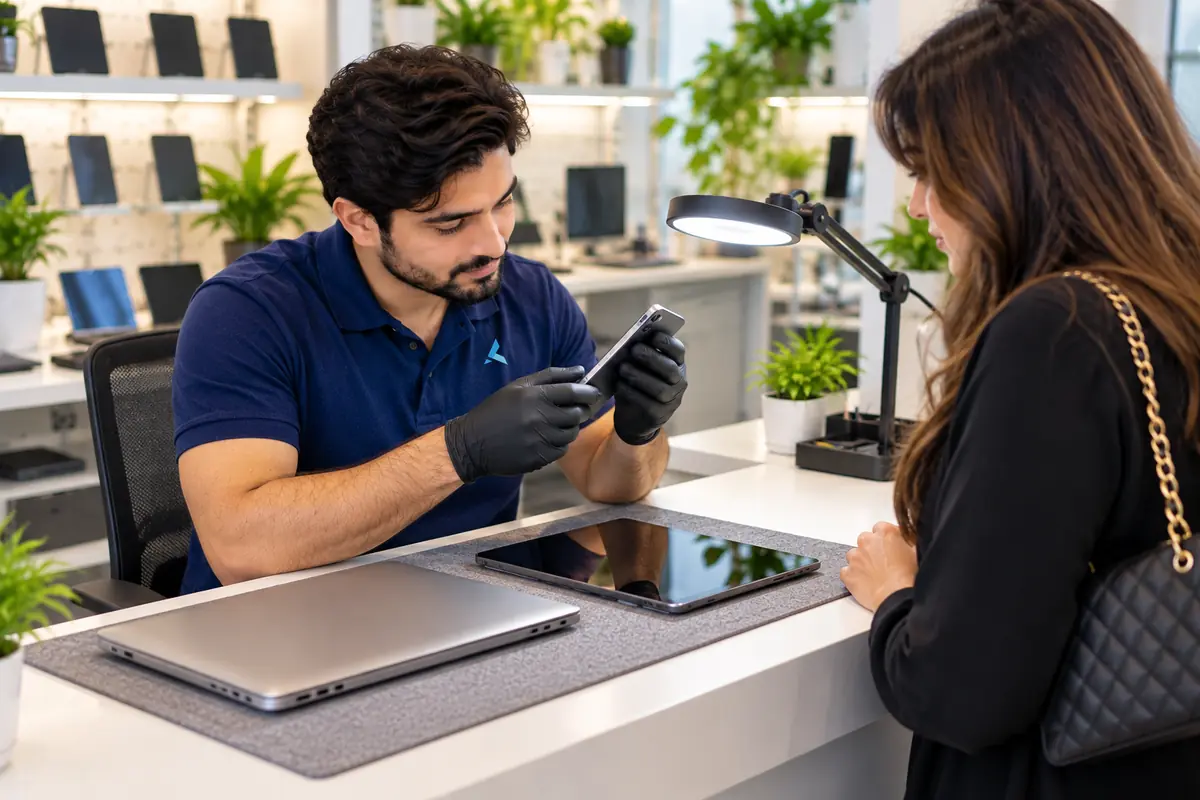 Azizi technician valuing a customer's phone at the buyback counter in Dubai, her laptop and tablet on the mat