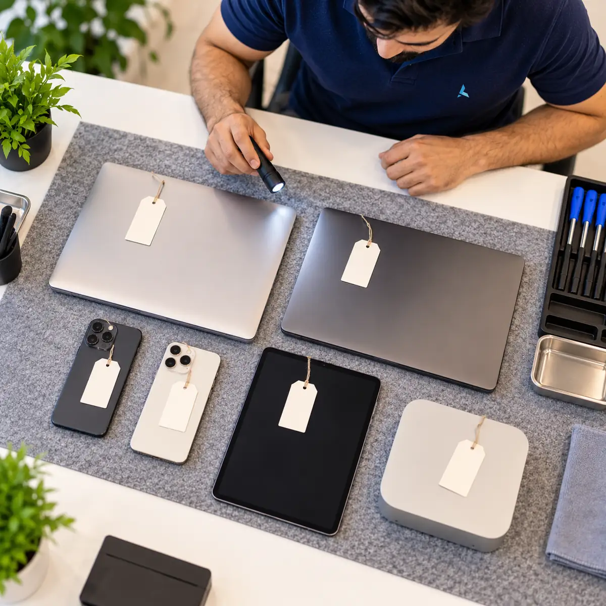 Used Apple laptops, phones, a tablet and a Mac mini tagged for a trade-in valuation in Dubai