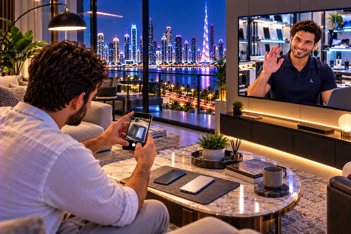 Seller at home photographing two iPhones for a quote while the Azizi engineer waves on a video call