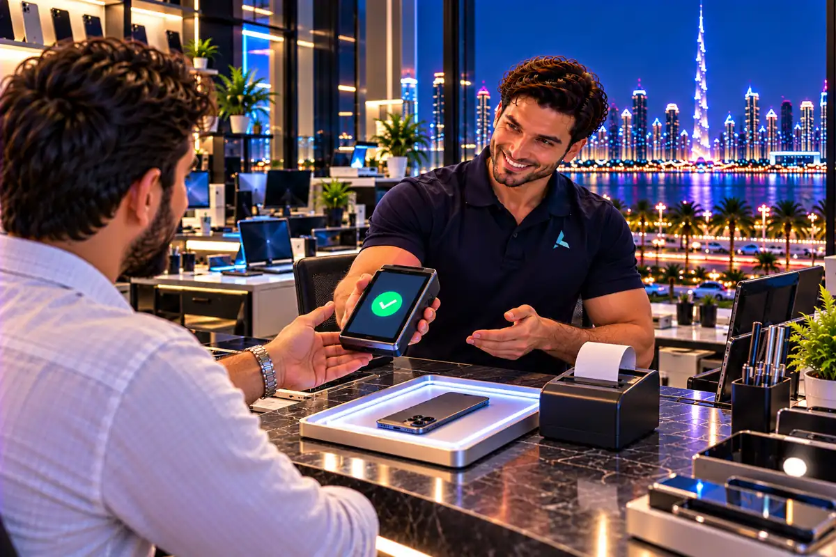 Engineer handing a seller the card terminal with payment confirmed, their old iPhone on the tray