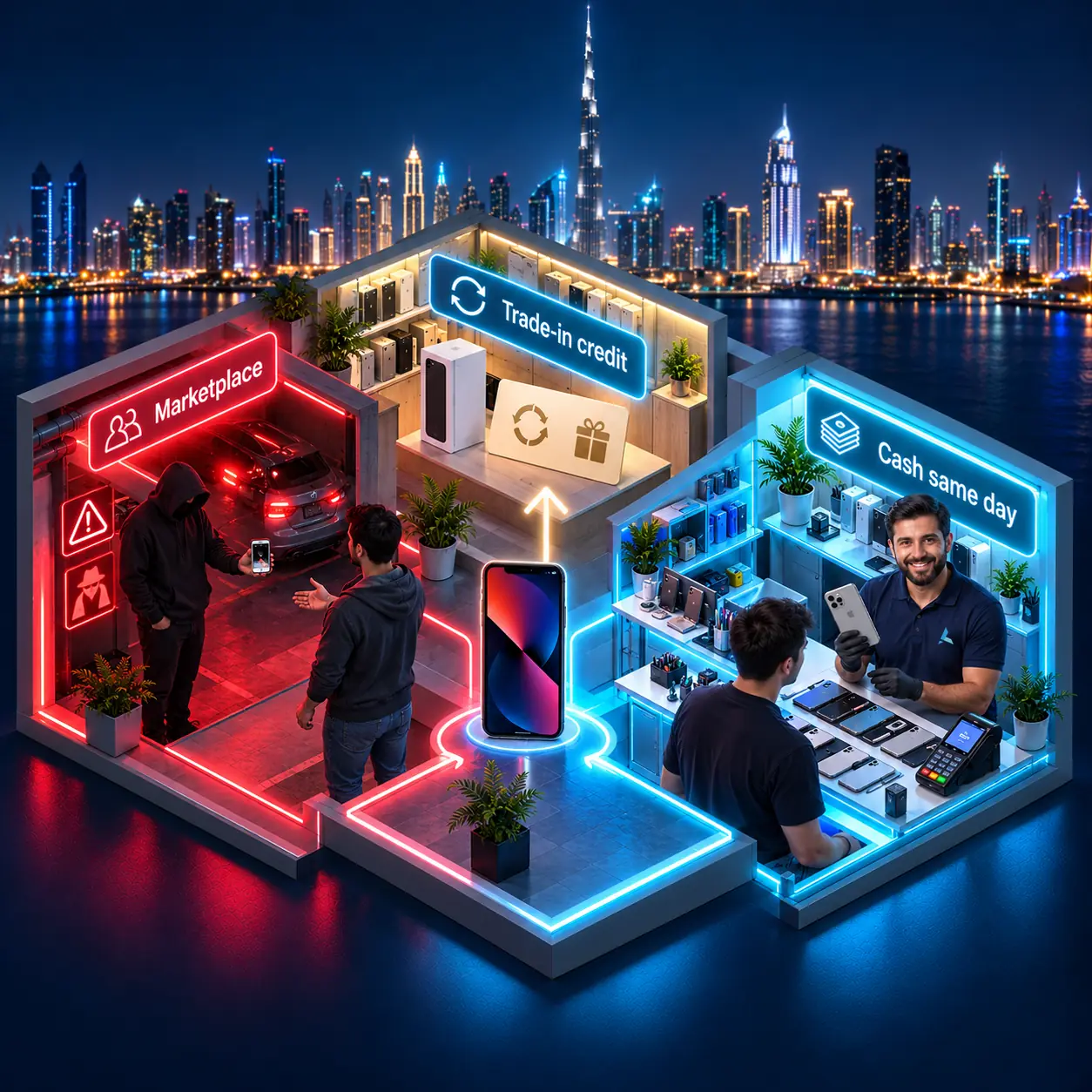 Isometric cutaway of three ways to sell a used iPhone in Dubai: a car park marketplace meet-up with warning signs, a trade-in store credit voucher, and a walk-in buyer counter paying cash the same day, with an Azizi Technologies engineer at the counter
