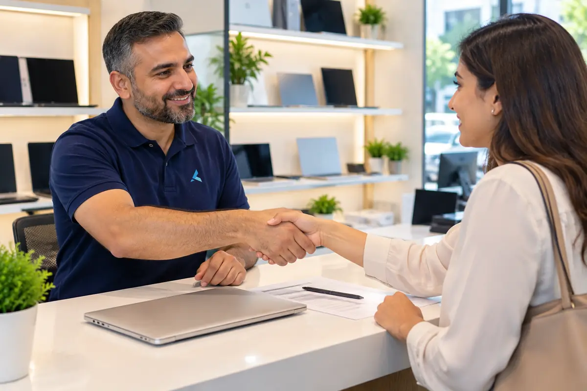 Azizi staff member shaking hands with a customer after buying his MacBook in Dubai