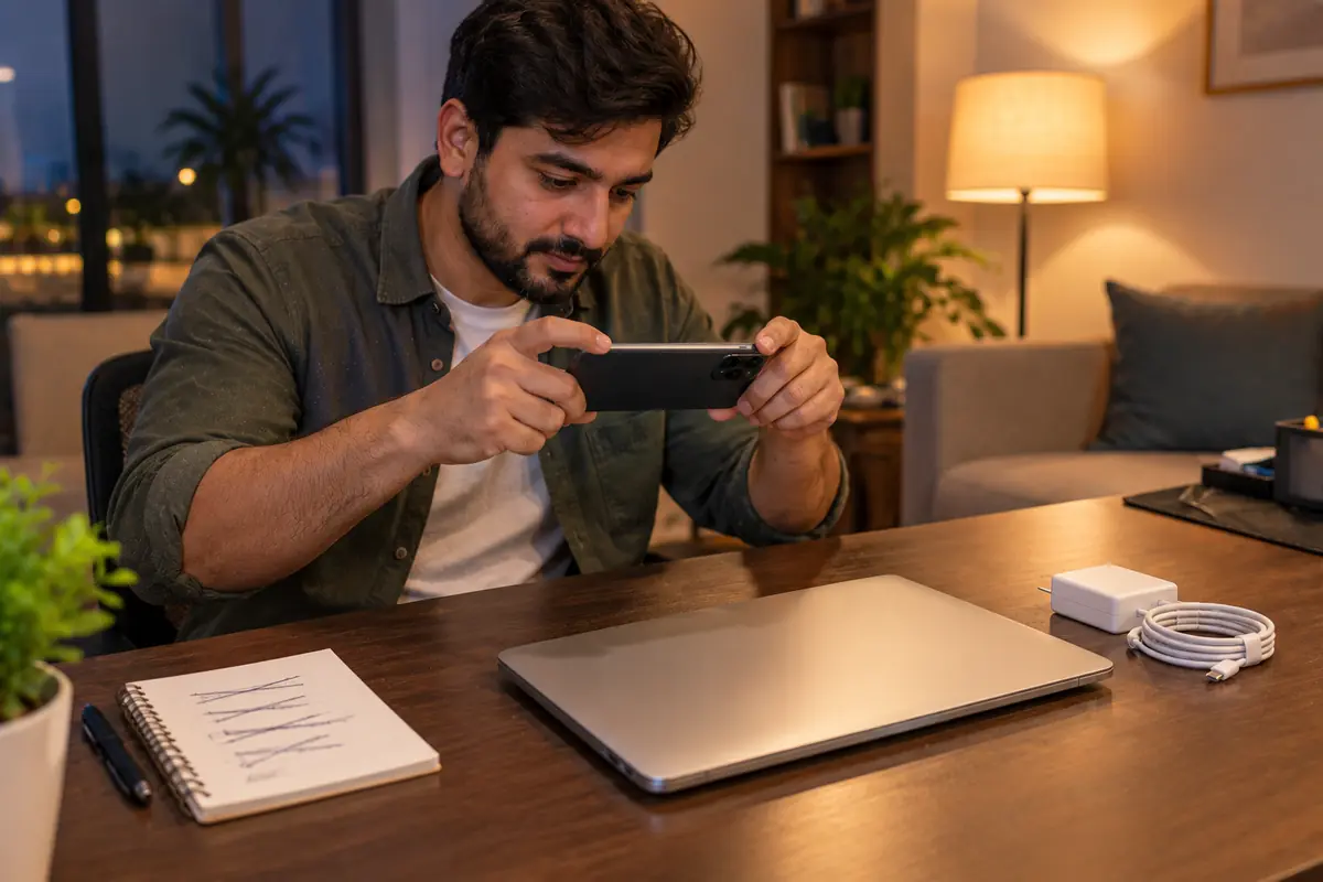Seller photographing his closed MacBook and charger at home to send for a quote