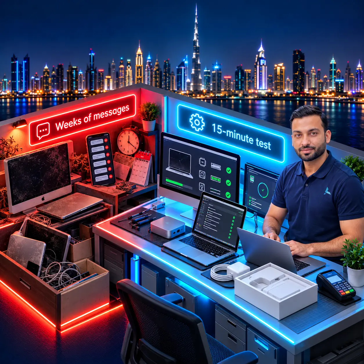 Isometric cutaway of a Dubai used Mac buy-back bench: old Macs gathering dust beside weeks of unanswered marketplace messages on the red side, an iMac, MacBook Pro and Mac mini on a 15-minute test with a payment terminal on the cyan side, and Aziz of Azizi Technologies at the bench
