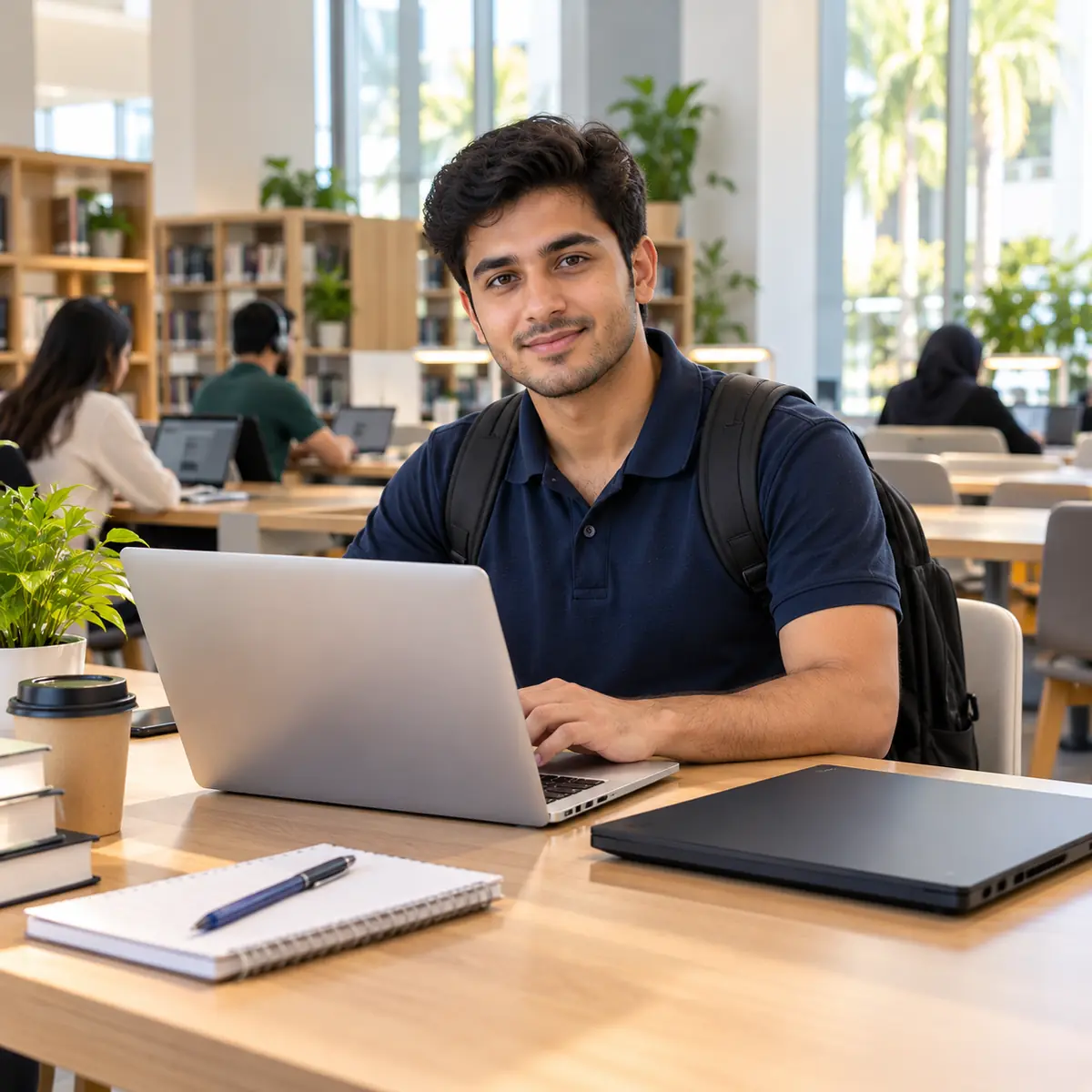 Student in a Dubai campus library working on a refurbished laptop, a business-class laptop beside him