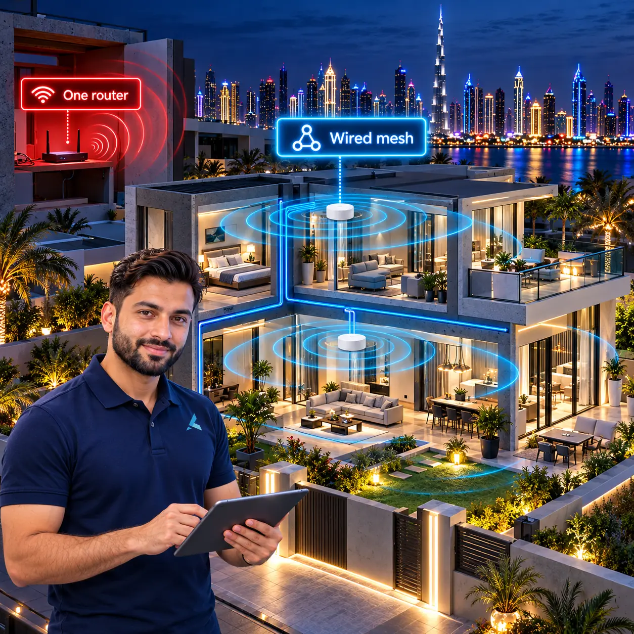 Isometric cutaway of a two-floor Dubai villa with thick concrete walls: one router in a cupboard whose signal stops at the first wall, against a mesh access point on each floor joined by ethernet backhaul filling every room, and an Azizi Technologies engineer with a tablet