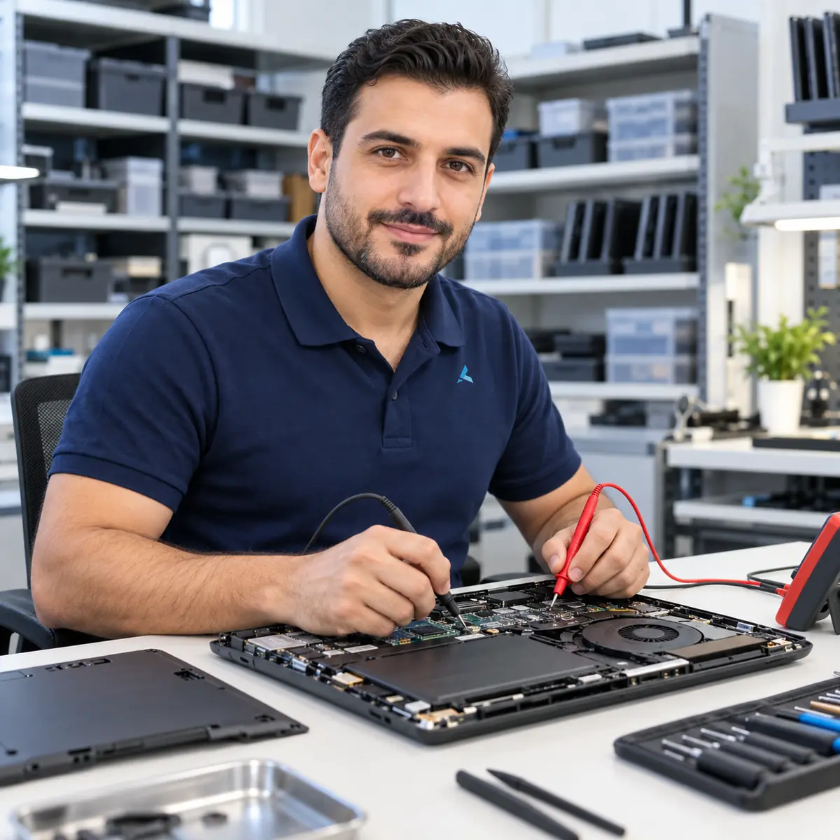 Computer repair in Dubai: Azizi technician probing the board of an opened business laptop at the workshop bench