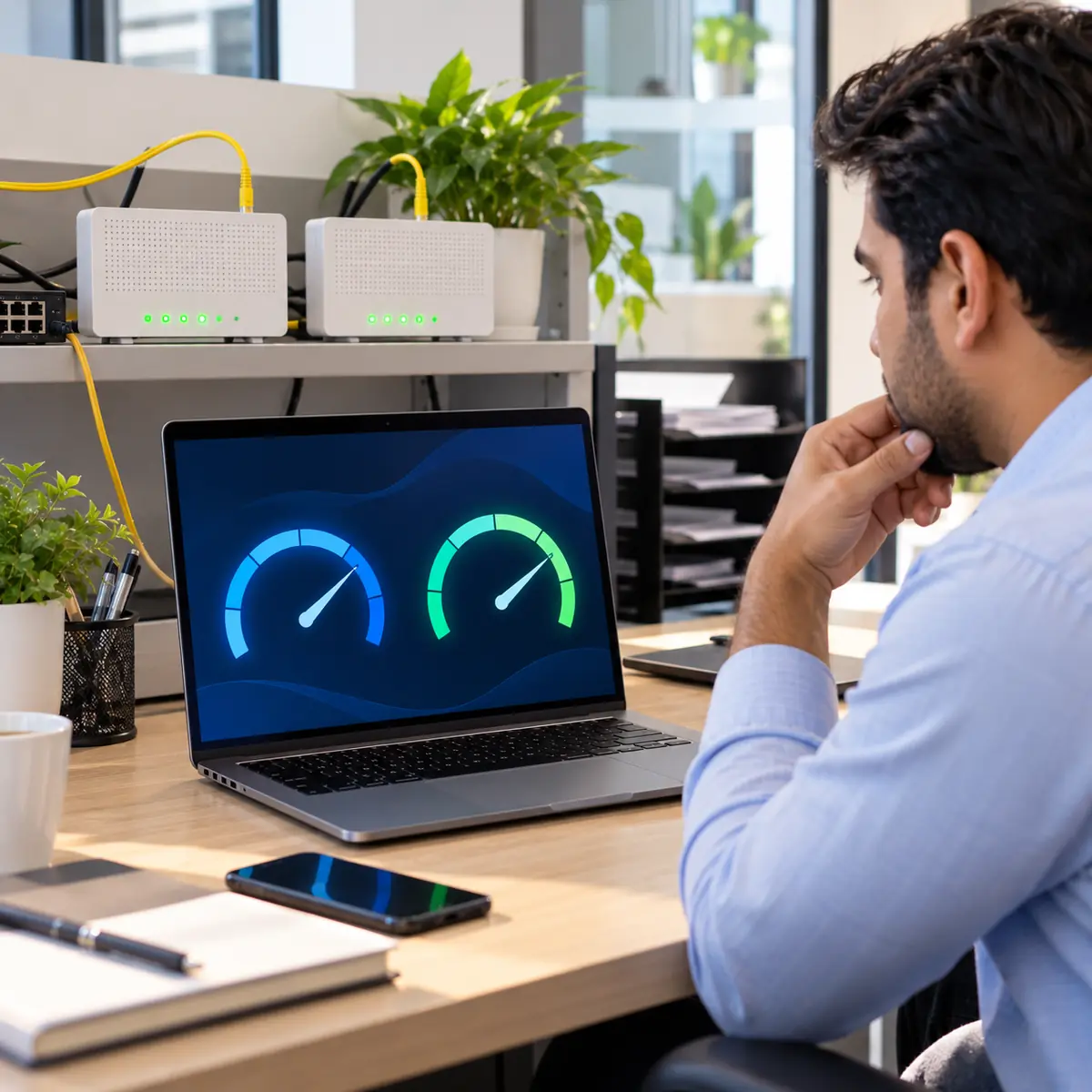 Dubai office manager comparing two fibre connections side by side with a speed test