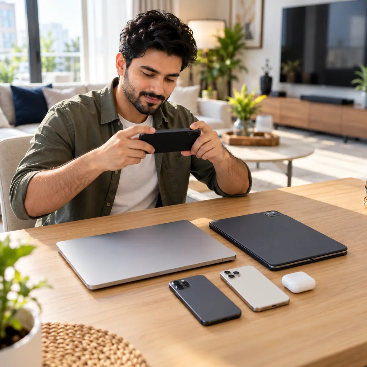 Man in a Dubai apartment photographing the MacBook, iPad, phones and earbuds he wants to sell for a quote