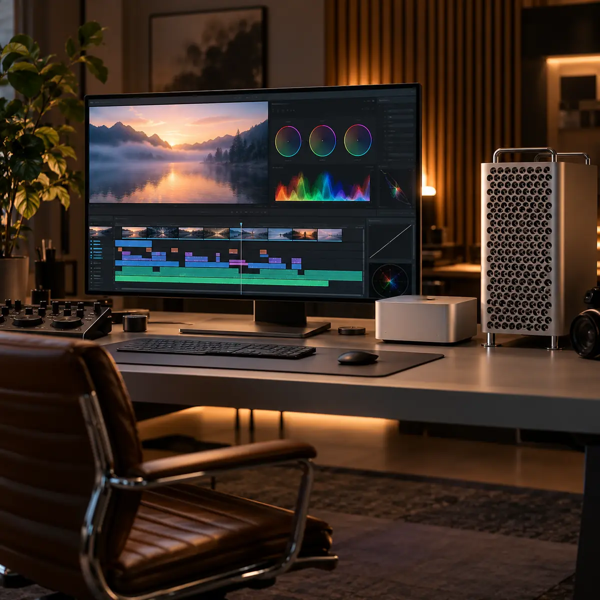 Mac Studio beside a Mac Pro tower in a Dubai video editing suite