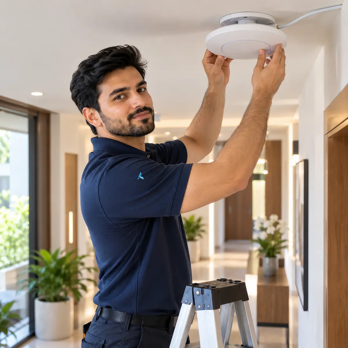 UniFi setup in Dubai: Azizi installer fitting a white ceiling access point in a villa hallway