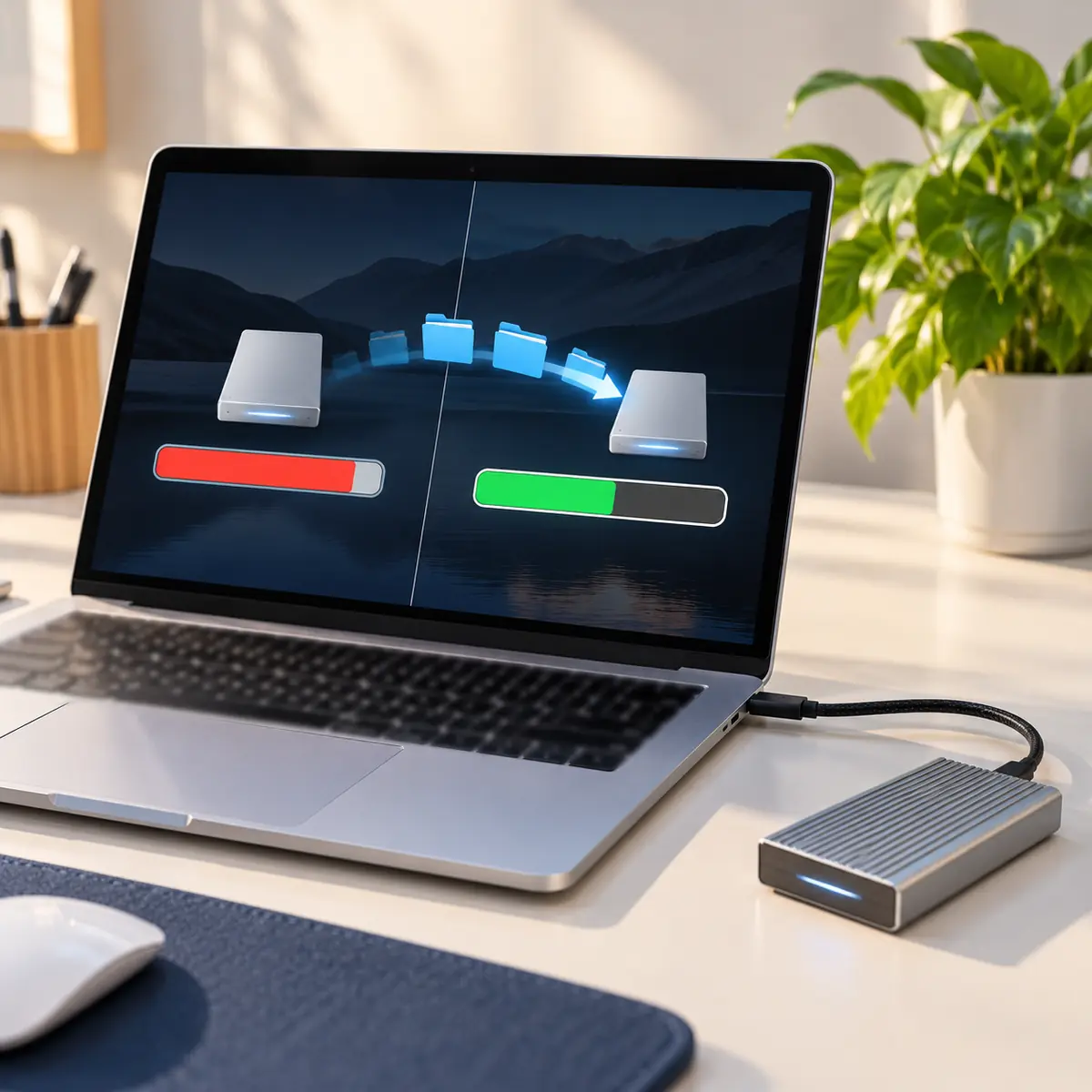 MacBook Air freeing up storage by moving files to an external Thunderbolt SSD